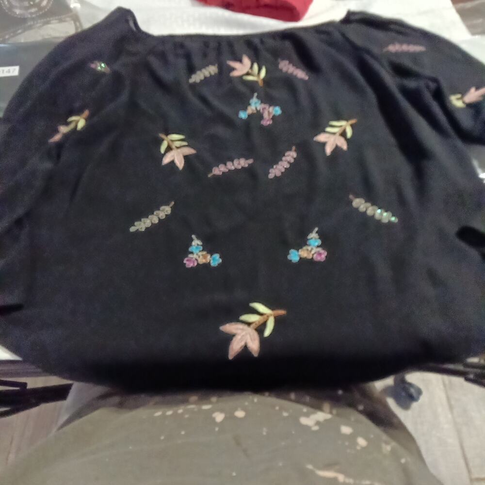 AKC Black Shear Blouse Embroidered Floral Long Bell Sleeve Women's 2X Whimsigoth